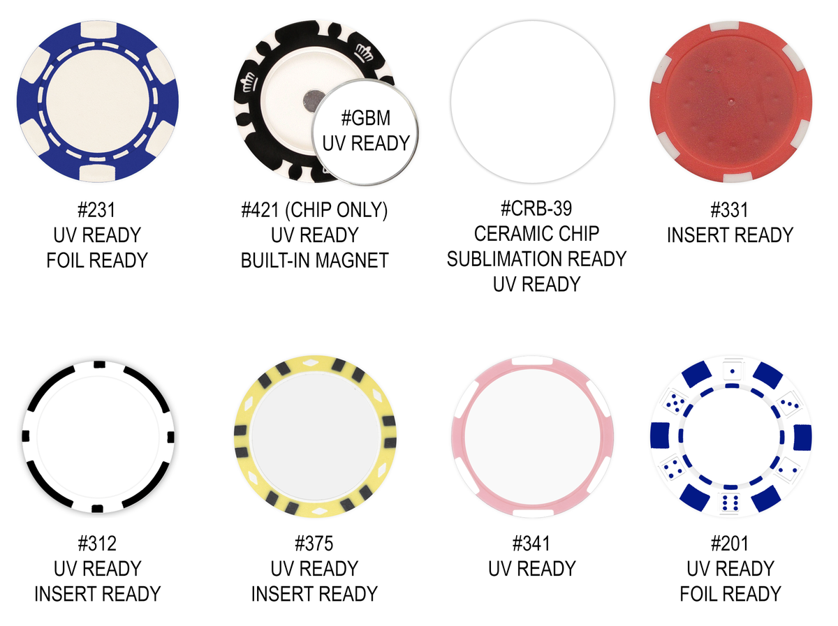 Variety of poker chips and ball markers for UV printing sample pack