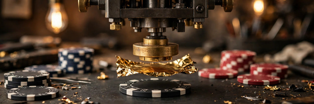 Hot foil stamping press pressing metallic gold foil onto a blank black poker chip