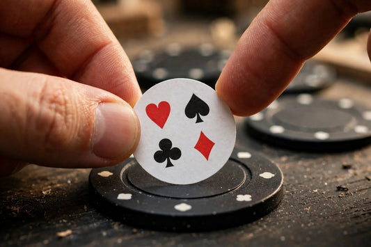 Fingers placing a paper label into the recess of a blank black poker chip