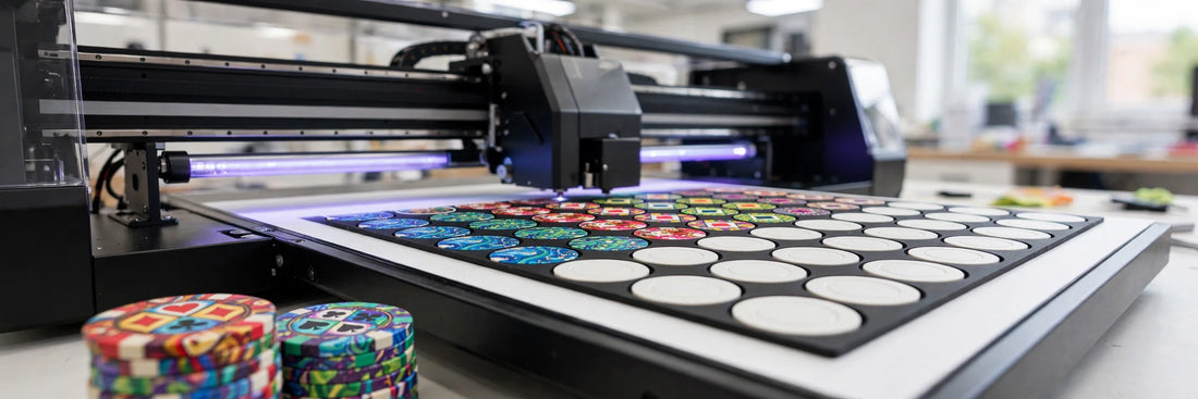UV flatbed printer printing custom designs on blank poker chips
