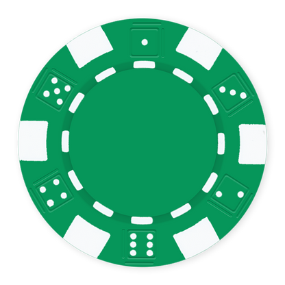 Green 11 .5 gram clay composite poker chip with dice design, UV direct print & foil-stamp ready