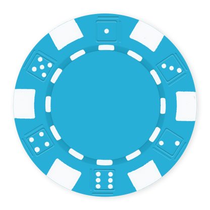 Baby Blue 11 .5 gram clay composite poker chip with dice design, UV direct print & foil-stamp ready