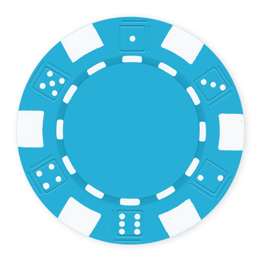 Baby Blue 11 .5 gram clay composite poker chip with dice design, UV direct print & foil-stamp ready