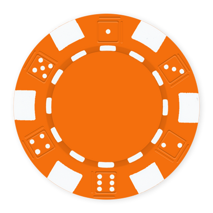Orange 11 .5 gram clay composite poker chip with dice design, UV direct print & foil-stamp ready