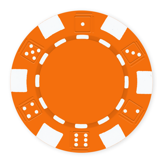 Orange 11 .5 gram clay composite poker chip with dice design, UV direct print & foil-stamp ready