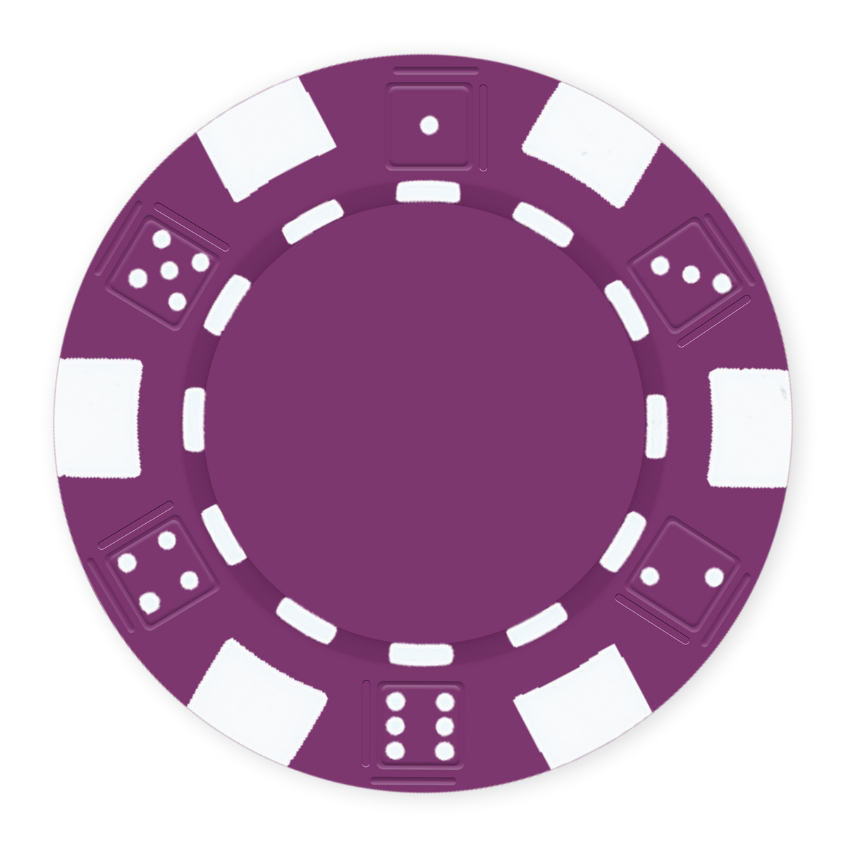 Purple 11 .5 gram clay composite poker chip with dice design, UV direct print & foil-stamp ready