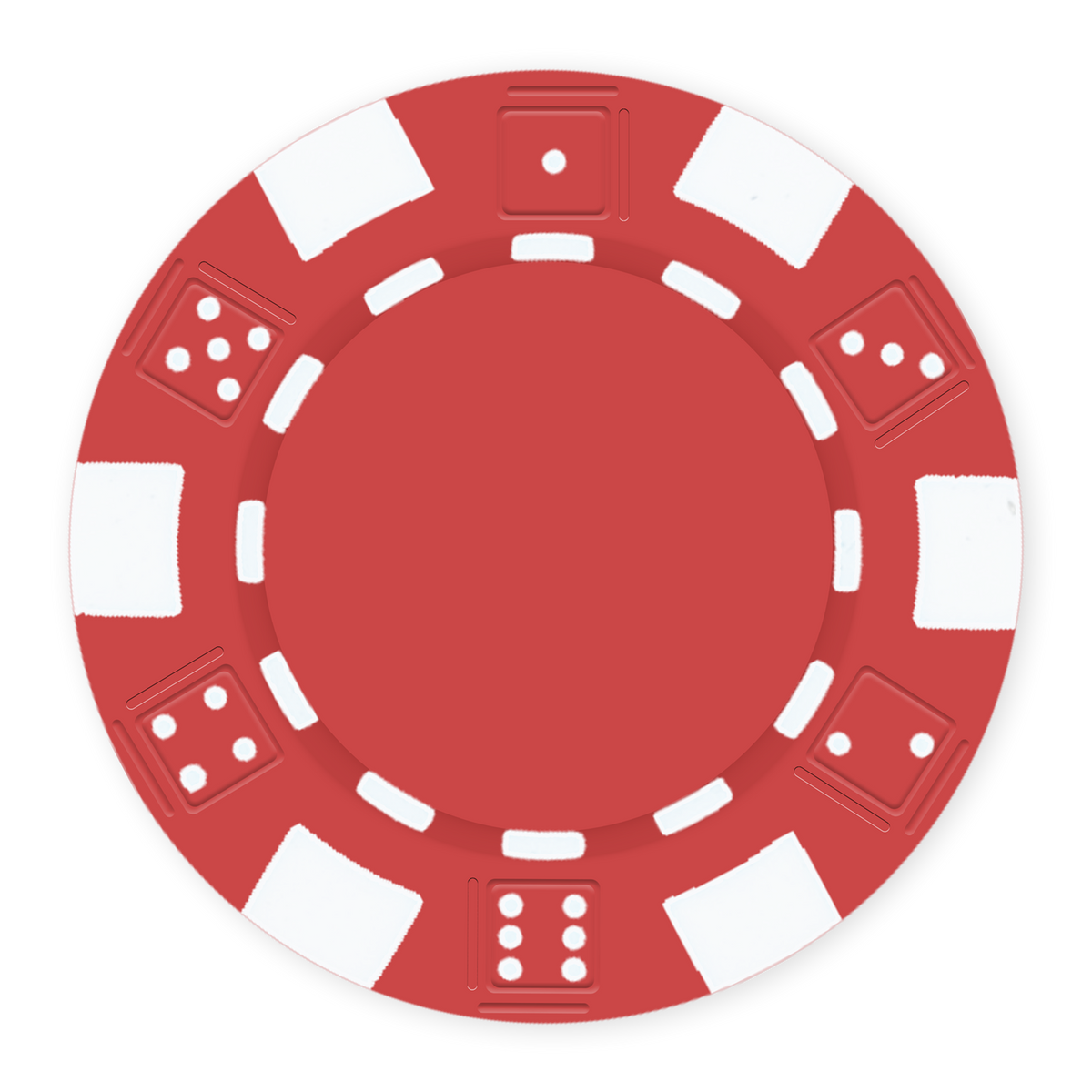 Red 11 .5 gram clay composite poker chip with dice design, UV direct print & foil-stamp ready