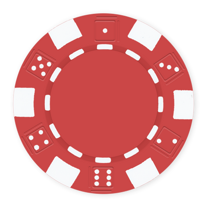 Red 11 .5 gram clay composite poker chip with dice design, UV direct print & foil-stamp ready