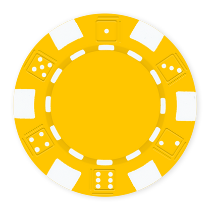 Yellow 11 .5 gram clay composite poker chip with dice design, UV direct print & foil-stamp ready