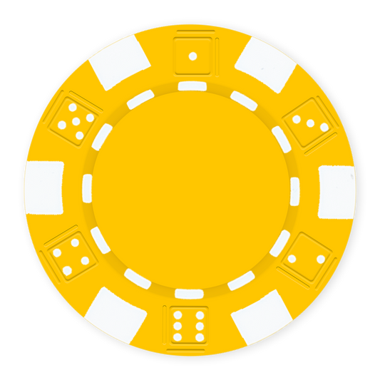 Yellow 11 .5 gram clay composite poker chip with dice design, UV direct print & foil-stamp ready