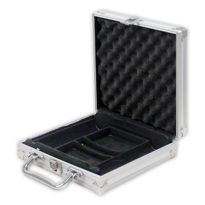 Interior view of aluminum poker chips case with room for 100 chips