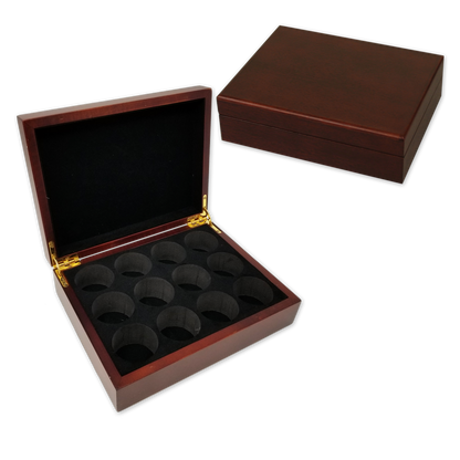 Mahogany wood golf ball box with room for 12 balls - Interior and exterior views
