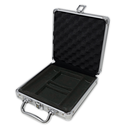 Interior view of aluminum poker chips case with room for 100 chips