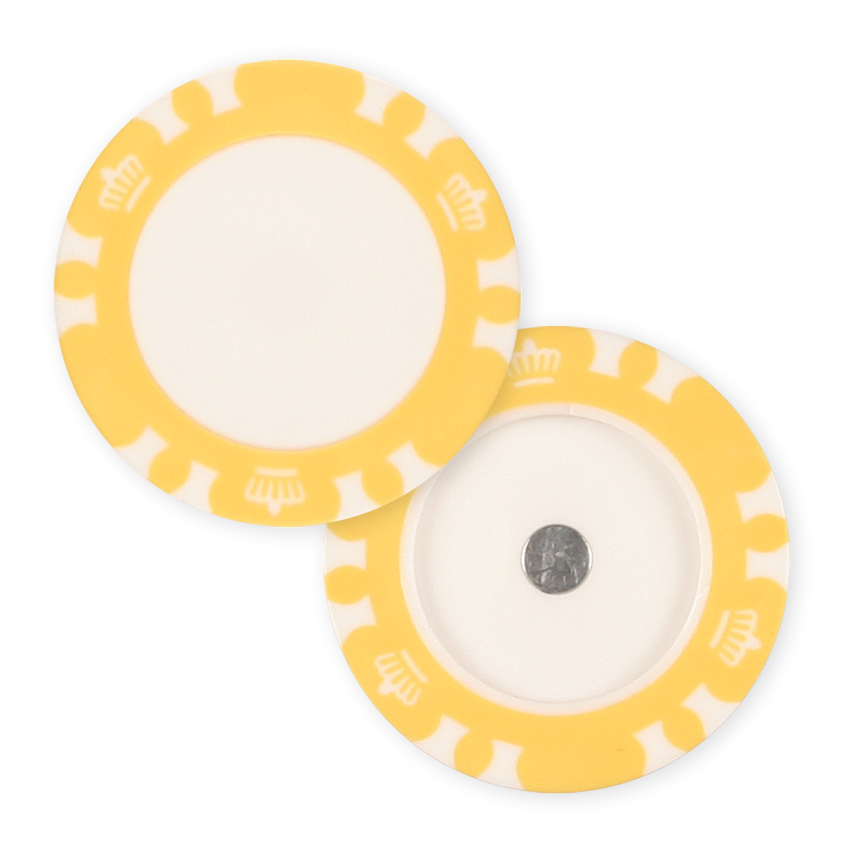 Magnetic yellow poker chip golf ball marker holder for UV print